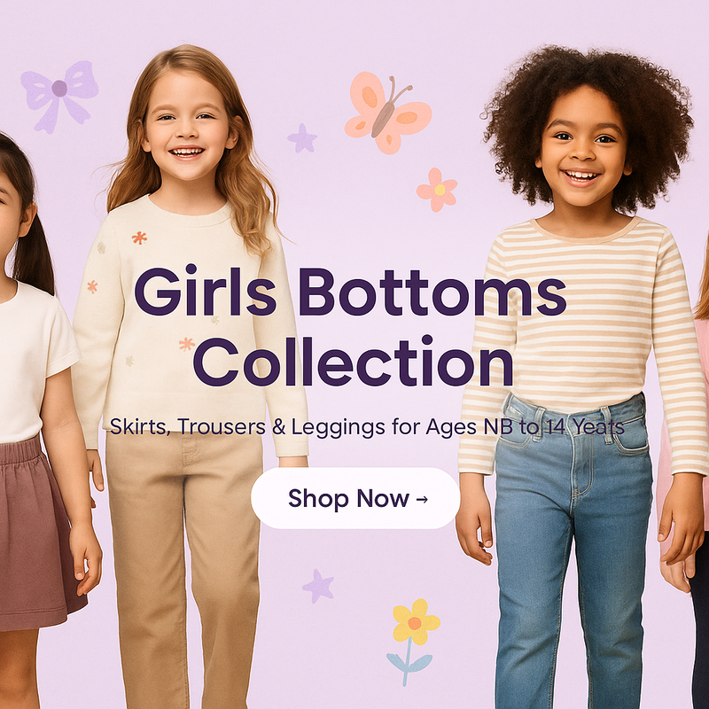 Girls Bottoms Collection banner – featuring skirts, leggings, and trousers for newborn to 14 years – Lil Cubs PK