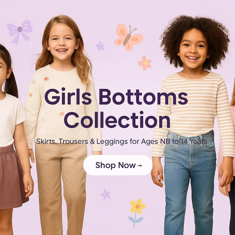 Girls Bottoms Collection banner – featuring skirts, leggings, and trousers for newborn to 14 years – Lil Cubs PK