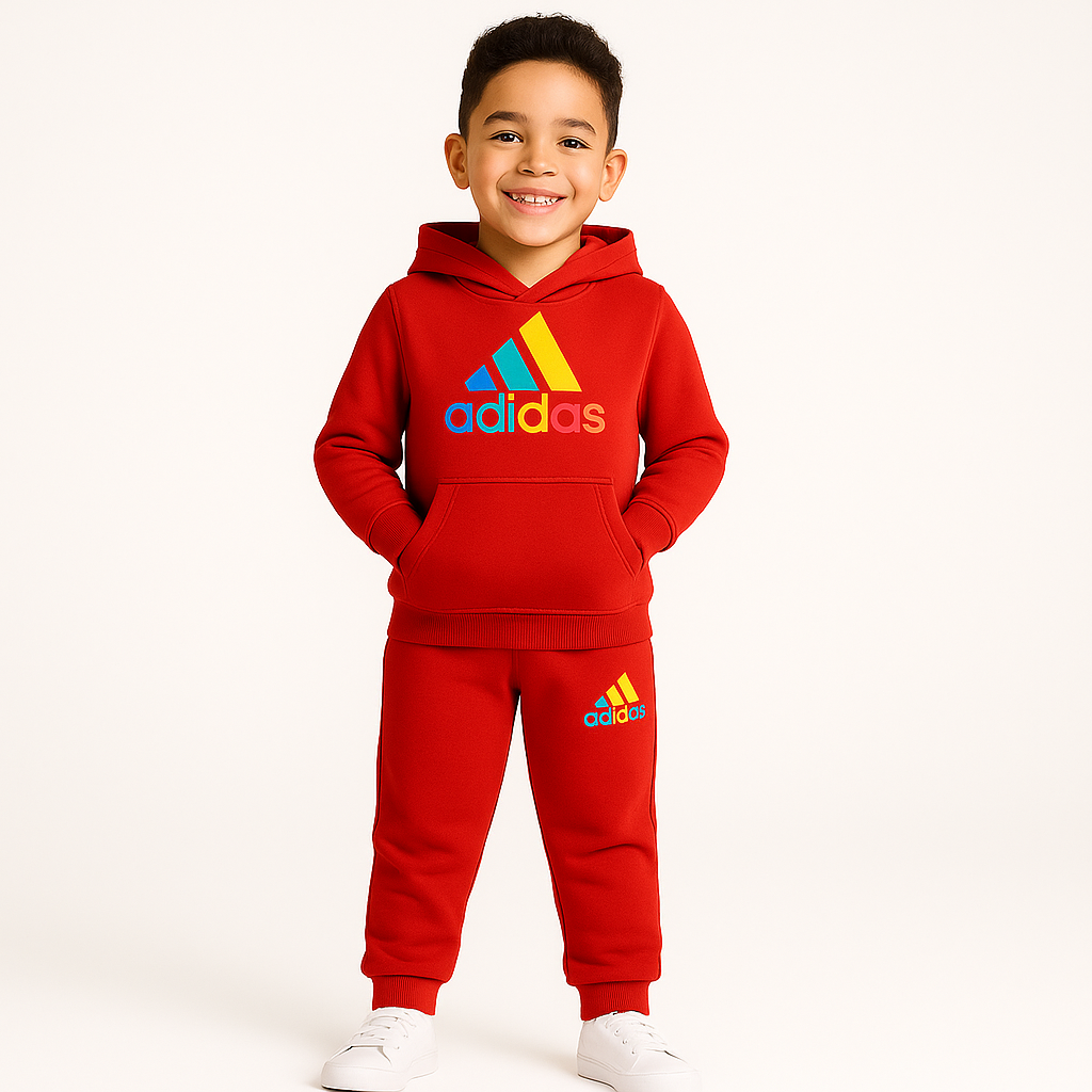 Lil' Cubs kids red fleece hoodie tracksuit set for boys and girls, winter edition, suitable for ages 1-12 years.
