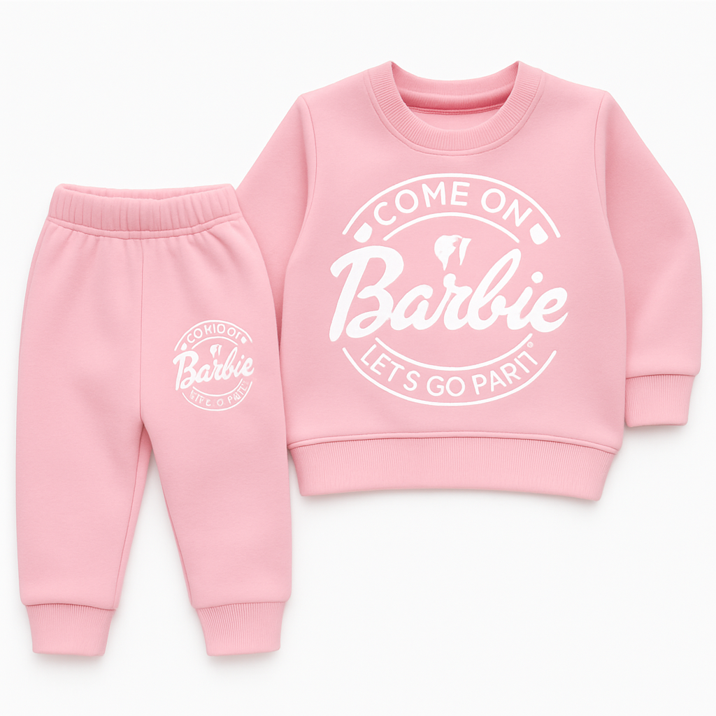 Girls Barbie “Let’s Go Party” Pastel Pink Winter Tracksuit (Soft Fleece)