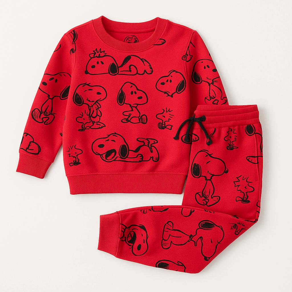 Snoopy & Woodstock Sweatshirt Set – Red Cartoon All-Over Print | LilCubs
