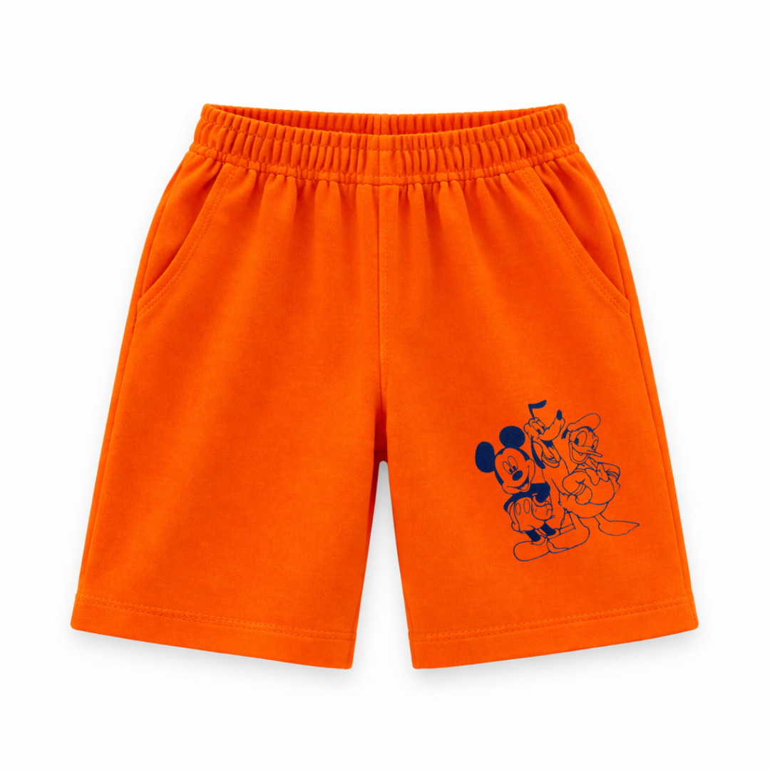 Orange Mickey & Friends summer coord set for kids, 2-piece jersey cotton outfit featuring playful character graphics.