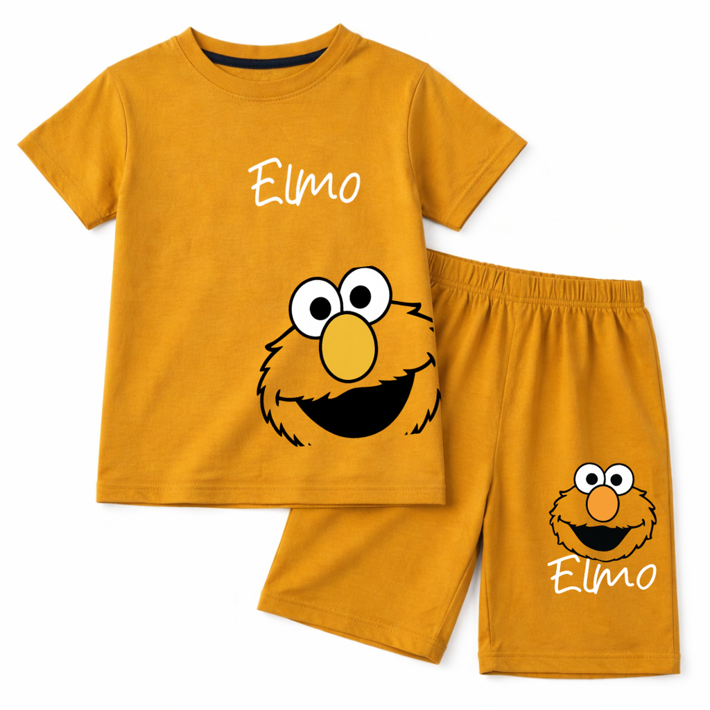 Mustard Elmo boys' summer coord set from lilcubspk for ages 1-12, featuring a playful Elmo graphic and comfortable matching top and shorts.