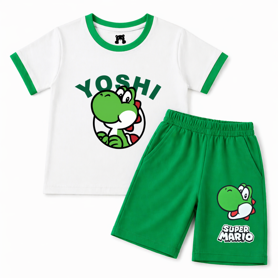 Boys Yoshi Summer 2 Piece Coord Set – White & Green (1 - 12 Years)