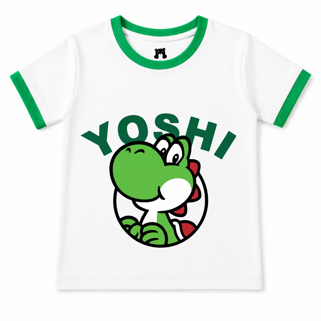 Boy's Yoshi summer two-piece coord set in white and green, featuring a playful Yoshi design, ideal for kids aged 1-12 years.