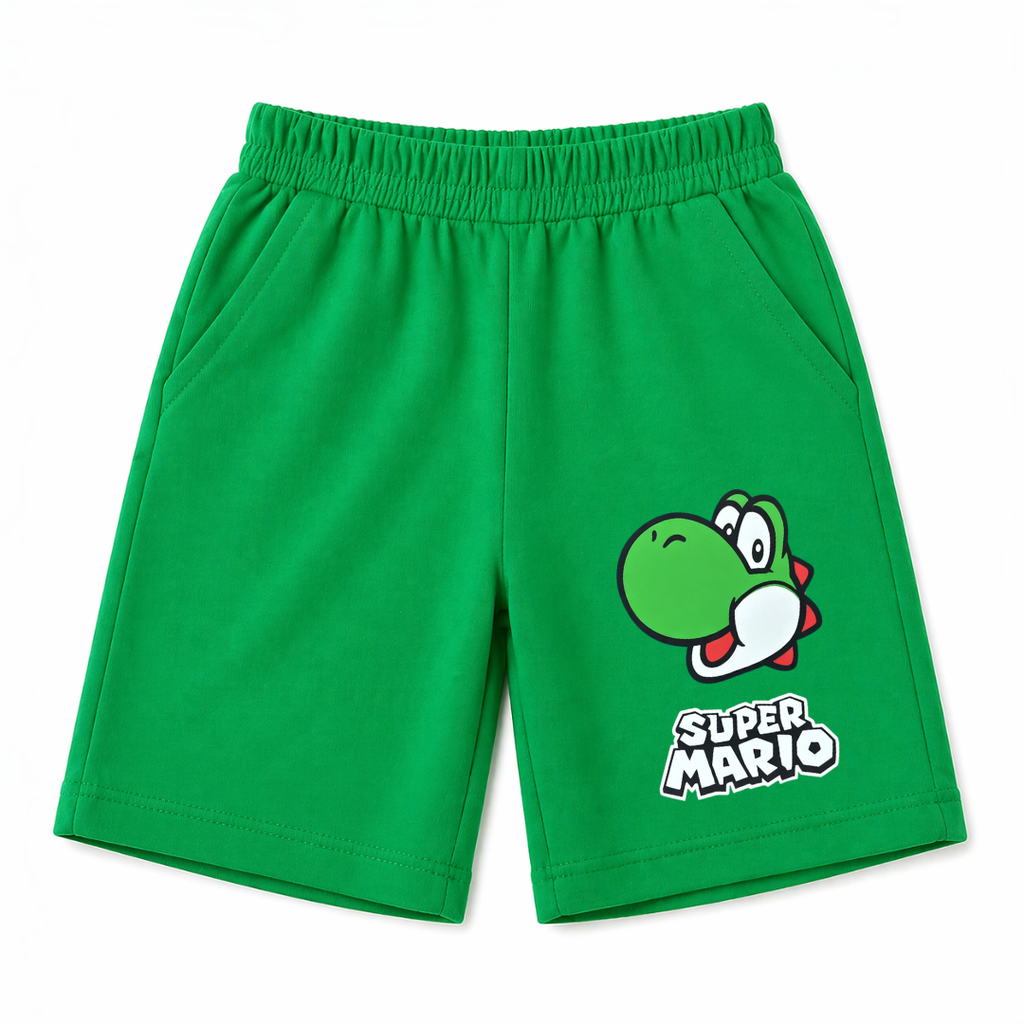 Boy's Yoshi summer coord set in white and green, featuring a matching top and shorts for ages 1 to 12, by lilcubspk.