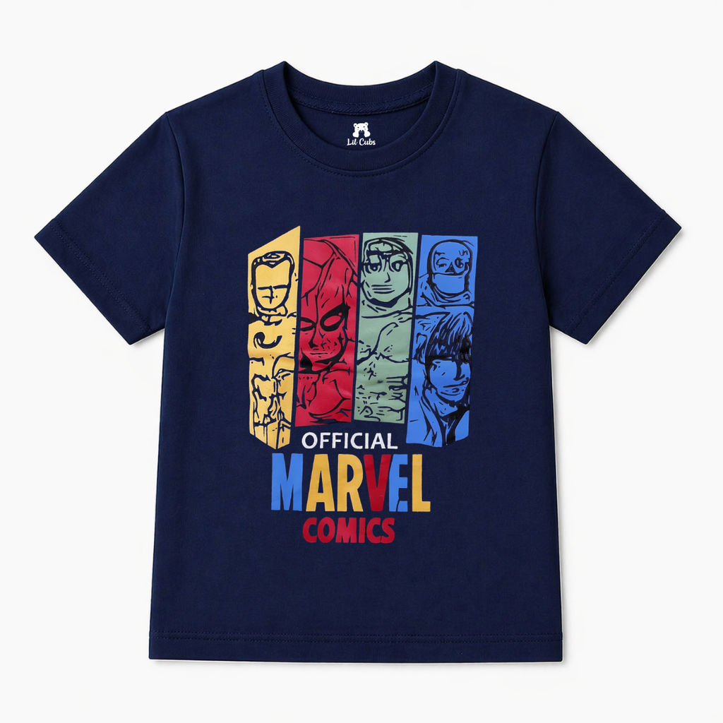 Navy blue summer coord set with Marvel print for ages 1-12, featuring a matching top and shorts by lilcubspk.