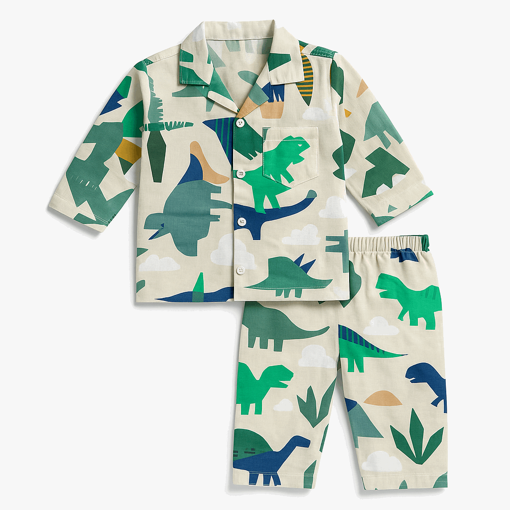 Kids cotton pajama set for ages 1-5 in dinosaur, car, unicorn, and more prints