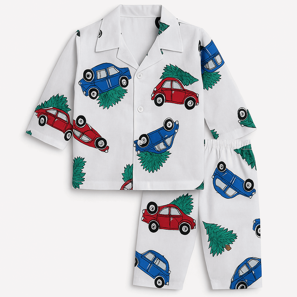 Kids cotton pajama set for ages 1-5 in dinosaur, car, unicorn, and more prints