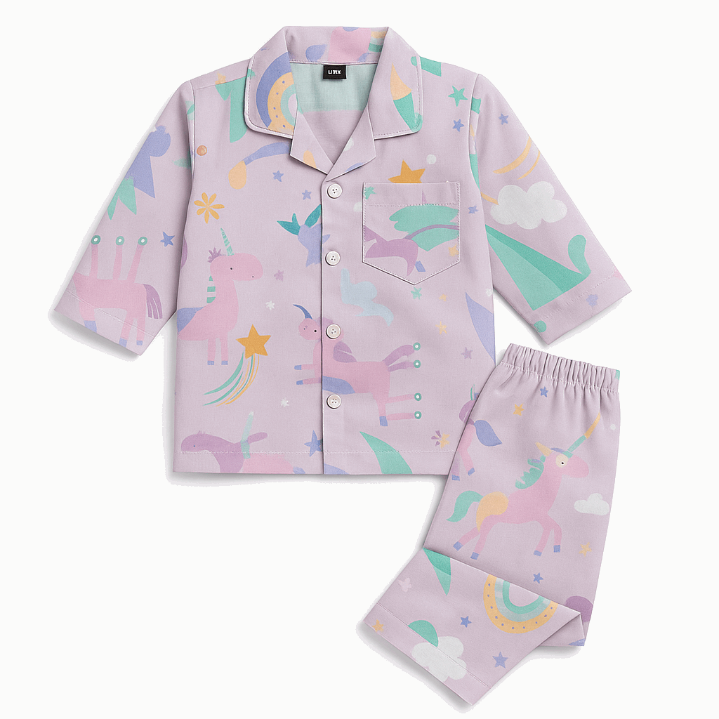 Kids cotton pajama set for ages 1-5 in dinosaur, car, unicorn, and more prints