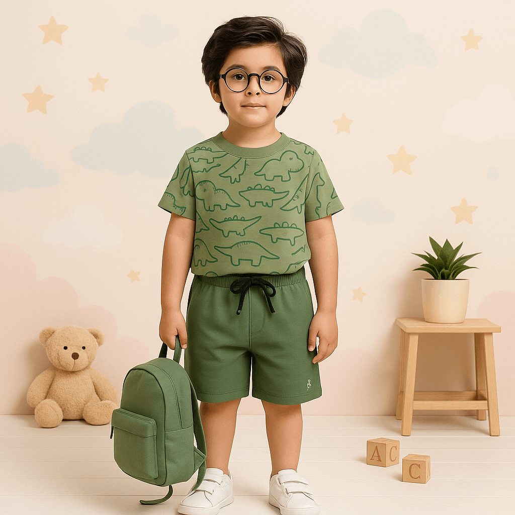 Boys Dinosaur Print Two-Piece Summer Set – Green Cotton Coord