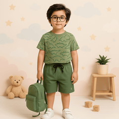 Boys Dinosaur Print Two-Piece Summer Set – Green Cotton Coord