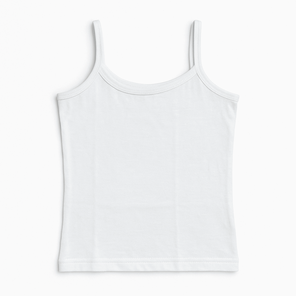 Girls white cotton camisole vest with spaghetti straps – ages 1 to 10 – soft innerwear flat lay