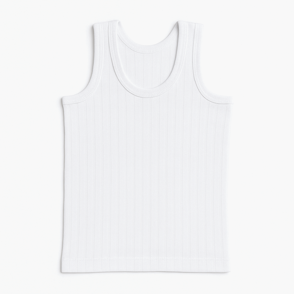 White ribbed cotton boys vest flat lay – sleeveless innerwear for ages 1 to 10 – Lil Cubs PK