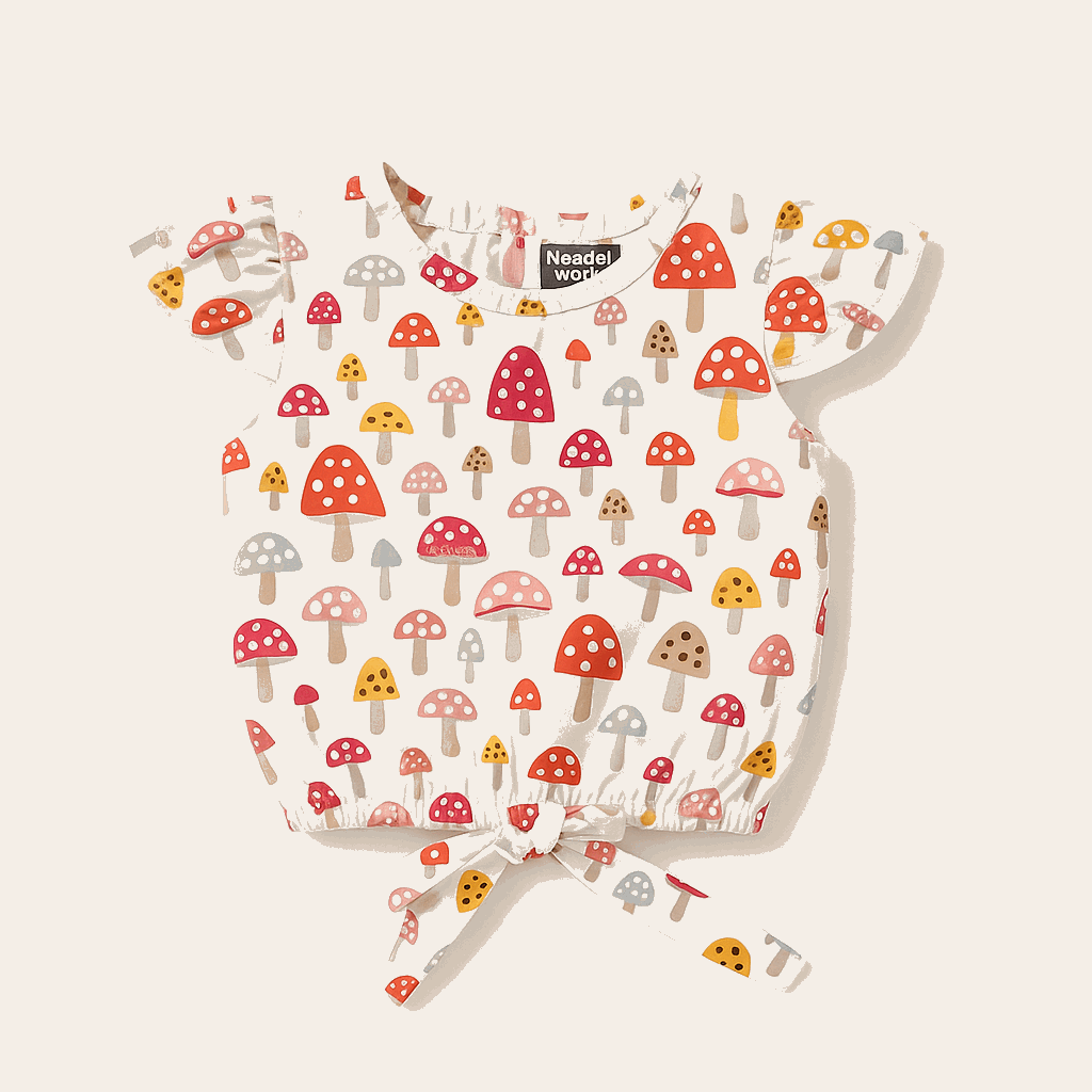 Mushroom Print Baby Girl Cotton Set – Puff Shorts & Tie-Top (3–6M to 3Y)