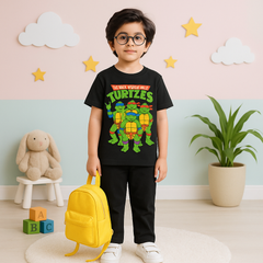 Boys Black Turtles Print T-Shirt – Imported Cotton, Half Sleeves (1–6 Years) | Fun Graphic Summer Tee | lilcubs.pk
