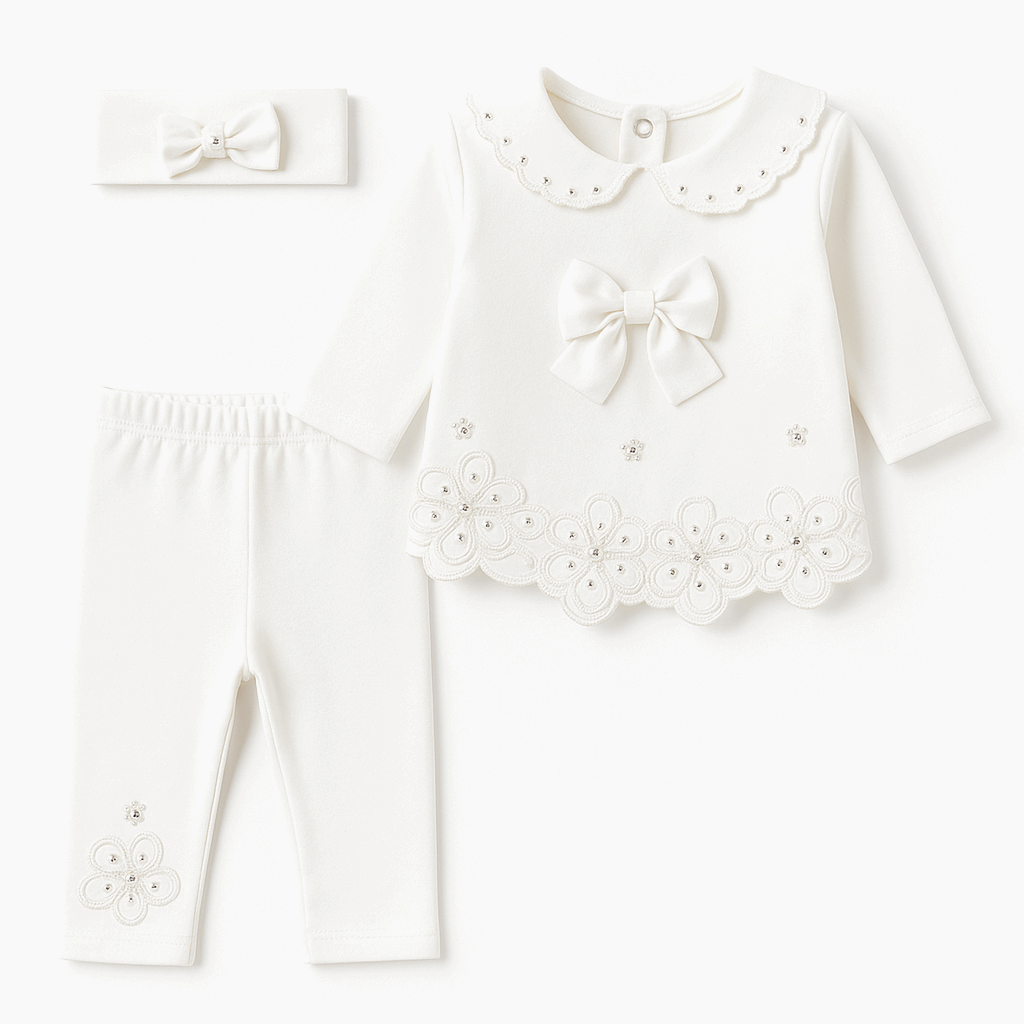 Baby Girls Pink & white Butterfly Embroidered 3-Piece Set – Top, Pants & Headband