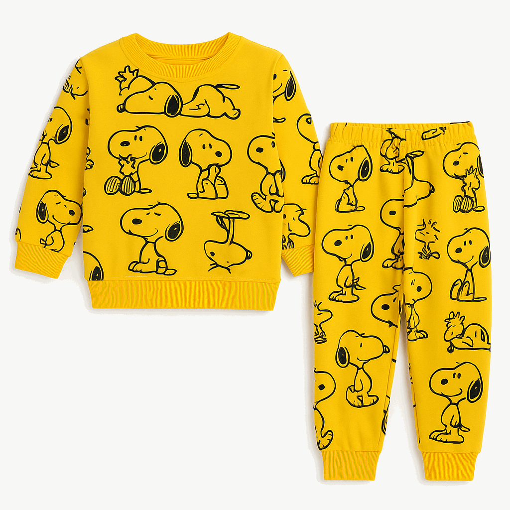 Yellow Cartoon Dog Print Kids Tracksuit Winter Fleece Sweatshirt Set for Boys  (Size 1-12 Years)