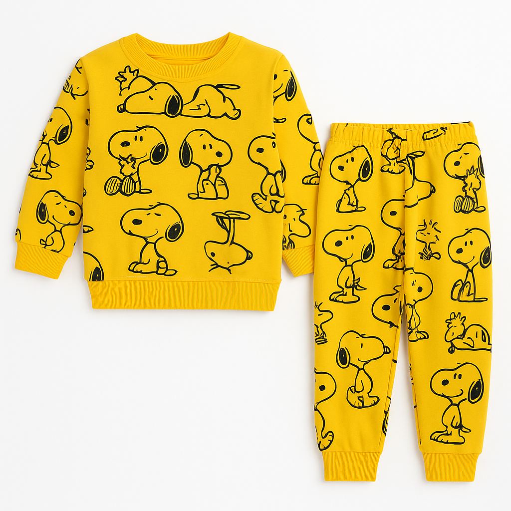 Yellow Cartoon Dog Print Kids Tracksuit Winter Fleece Sweatshirt Set for Boys  (Size 1-8 Years)