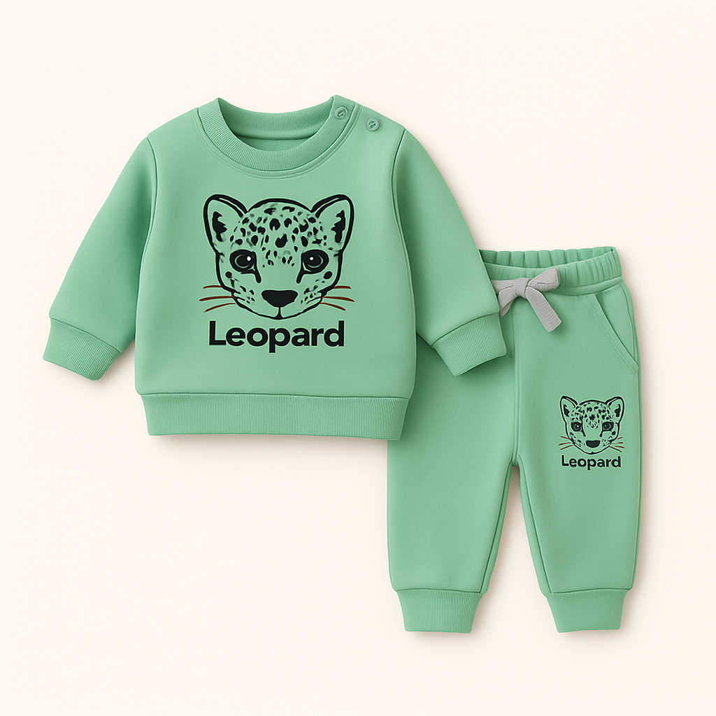 2-Piece Toddler Sweatshirt & Trouser Set – “Leopard” Graphic – Taupe Brown (0-3 to 9-12)
