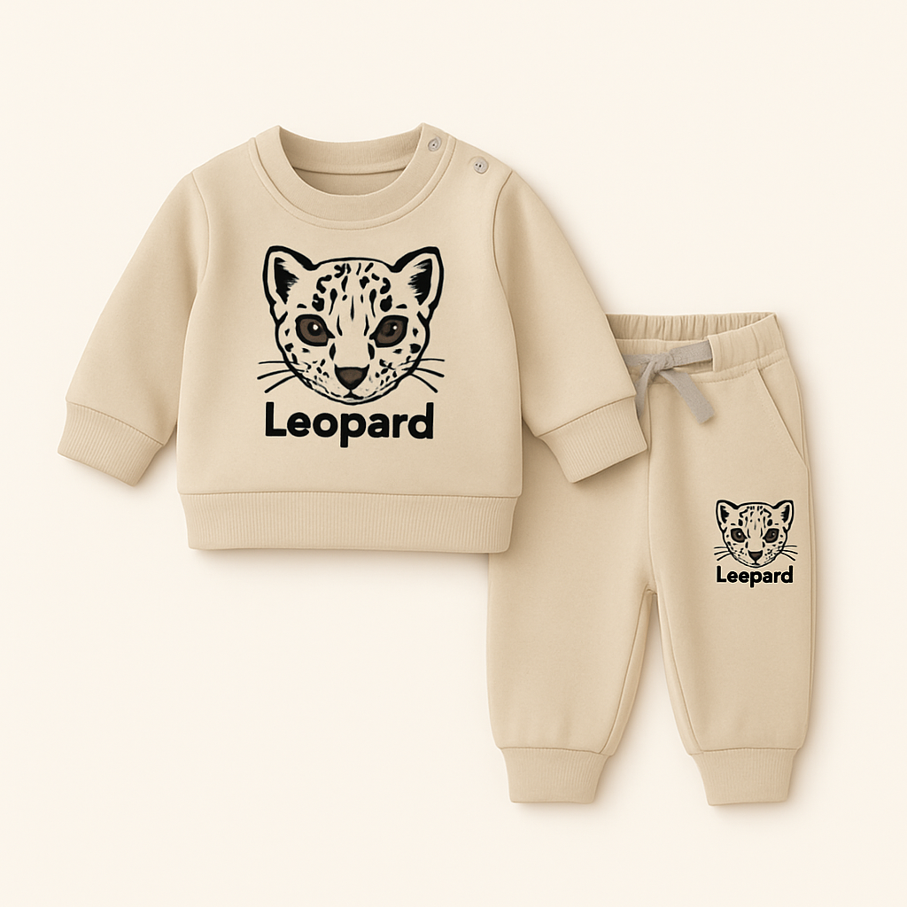 2-Piece Toddler Sweatshirt & Trouser Set – “Leopard” Graphic – Taupe Brown (0-3 to 9-12)
