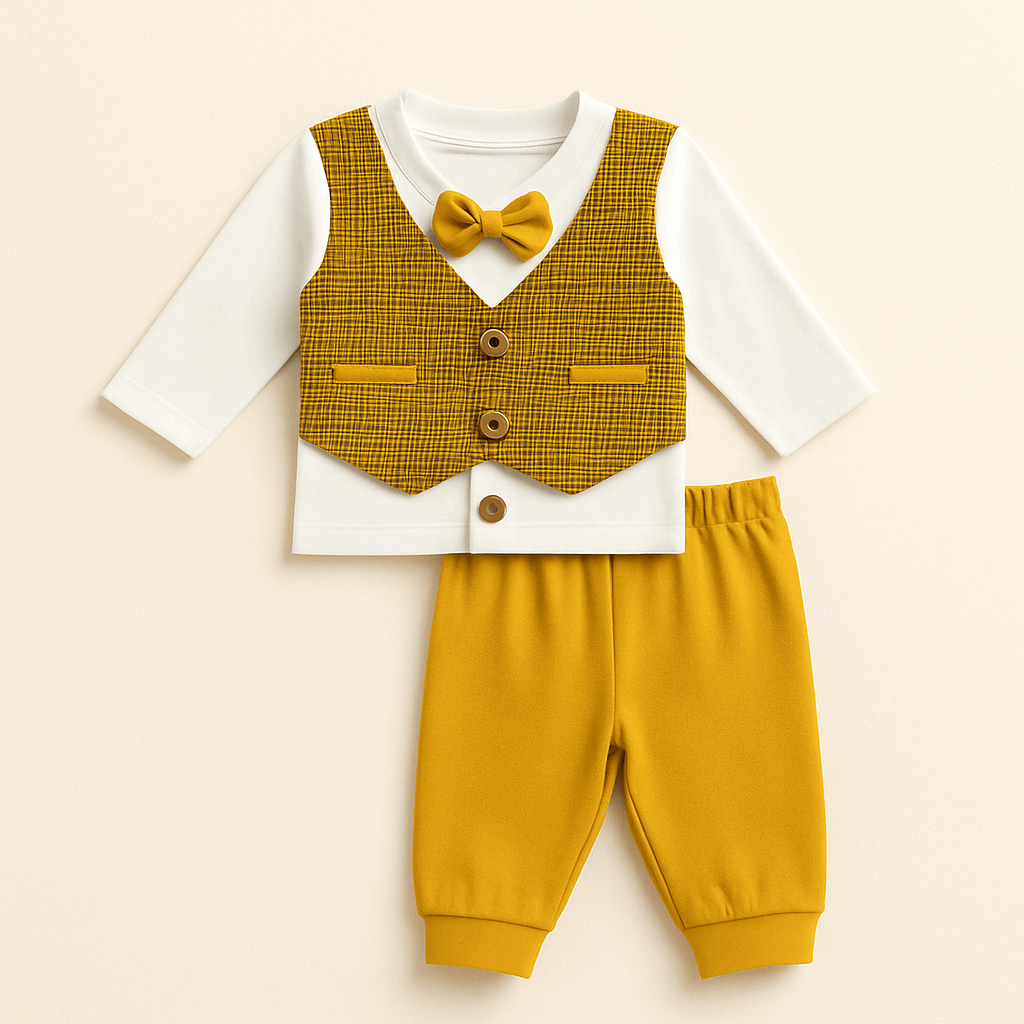 Mustard Bow Tie Baby Boy Formal Outfit – Shirt with Waistcoat & Trouser Set (0-6 Months)"