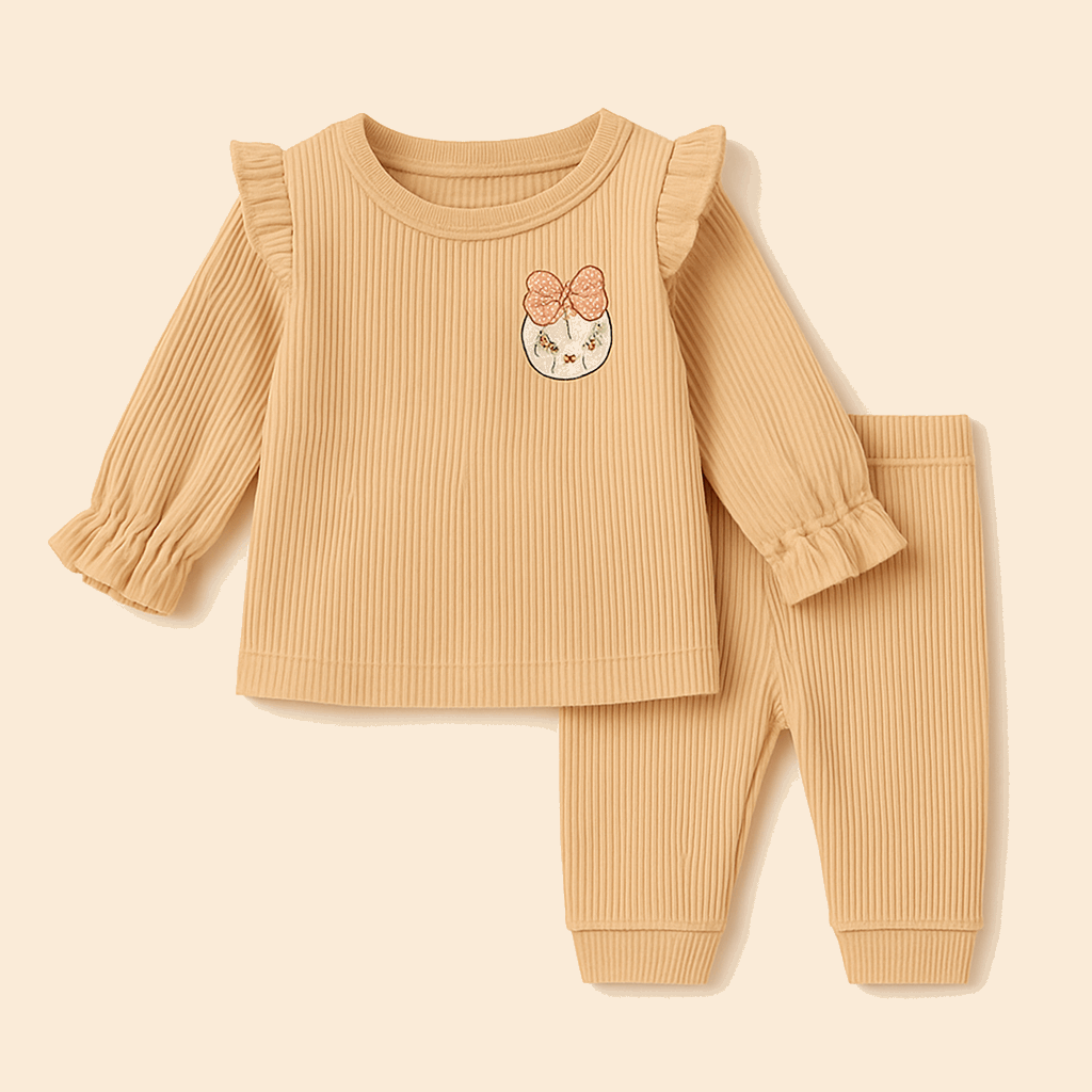Girls Ribbed Cotton Pajama Set with Ruffle Sleeves & Cute Patch – LilCubs