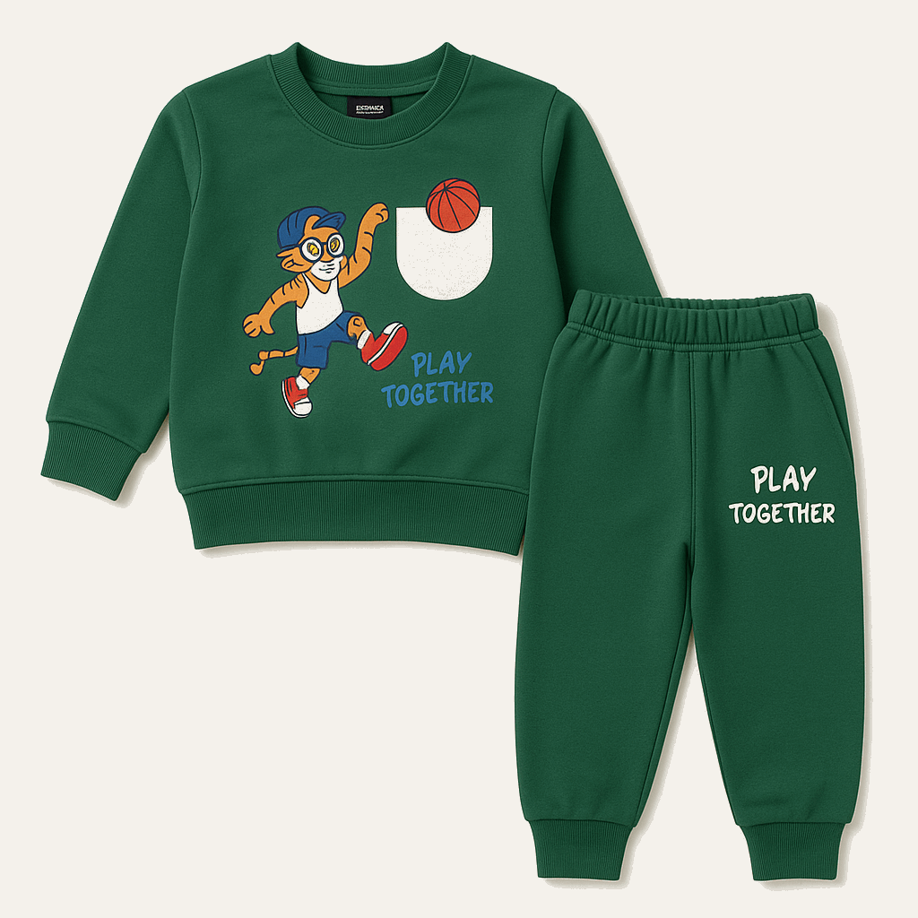 Green Kids Tracksuit Set – Play Together Cartoon Sweatshirt & Jogger Pants(1-8)