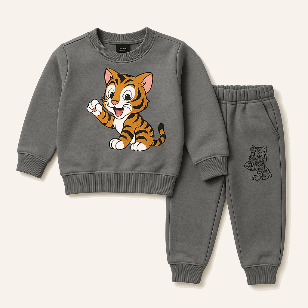 Grey Kids Tracksuit Set – Cute Tiger Cartoon Sweatshirt & Jogger Pants (size 1-12 years)