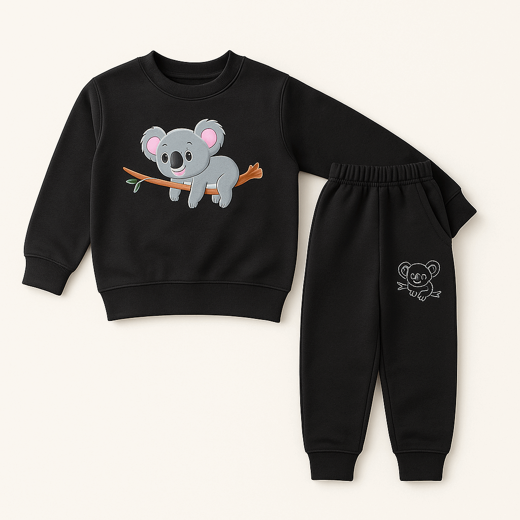 Black Kids Tracksuit Set – Cute Koala Cartoon Sweatshirt & Jogger Pants (size 1-12 years)