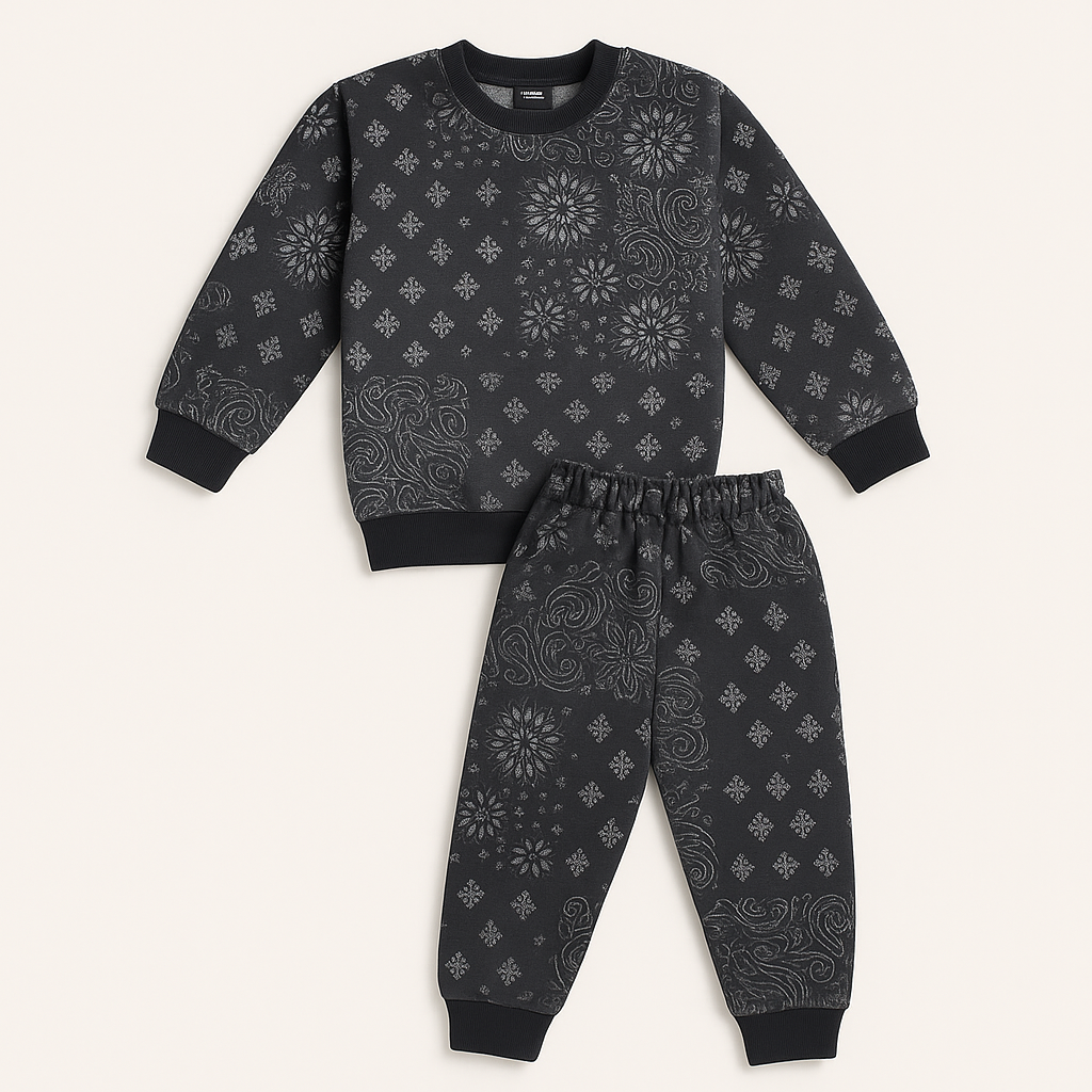 Black Kids Tracksuit Set – All-Over Floral & Paisley Pattern Sweatshirt & Jogger Pants (size 1-12 years)
