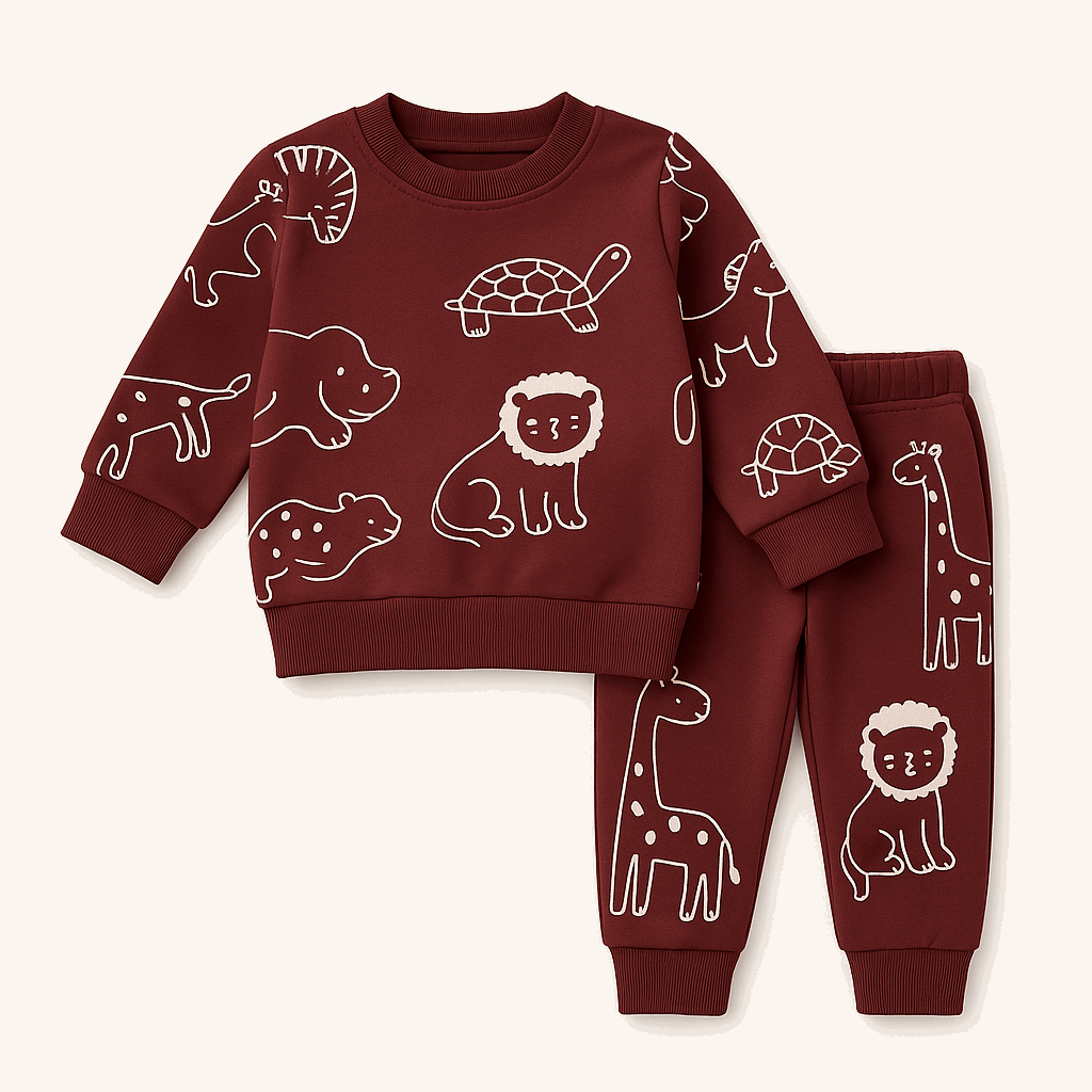 Boys Maroon Animal Print Tracksuit 1–8 Years – Sweatshirt & Jogger Set