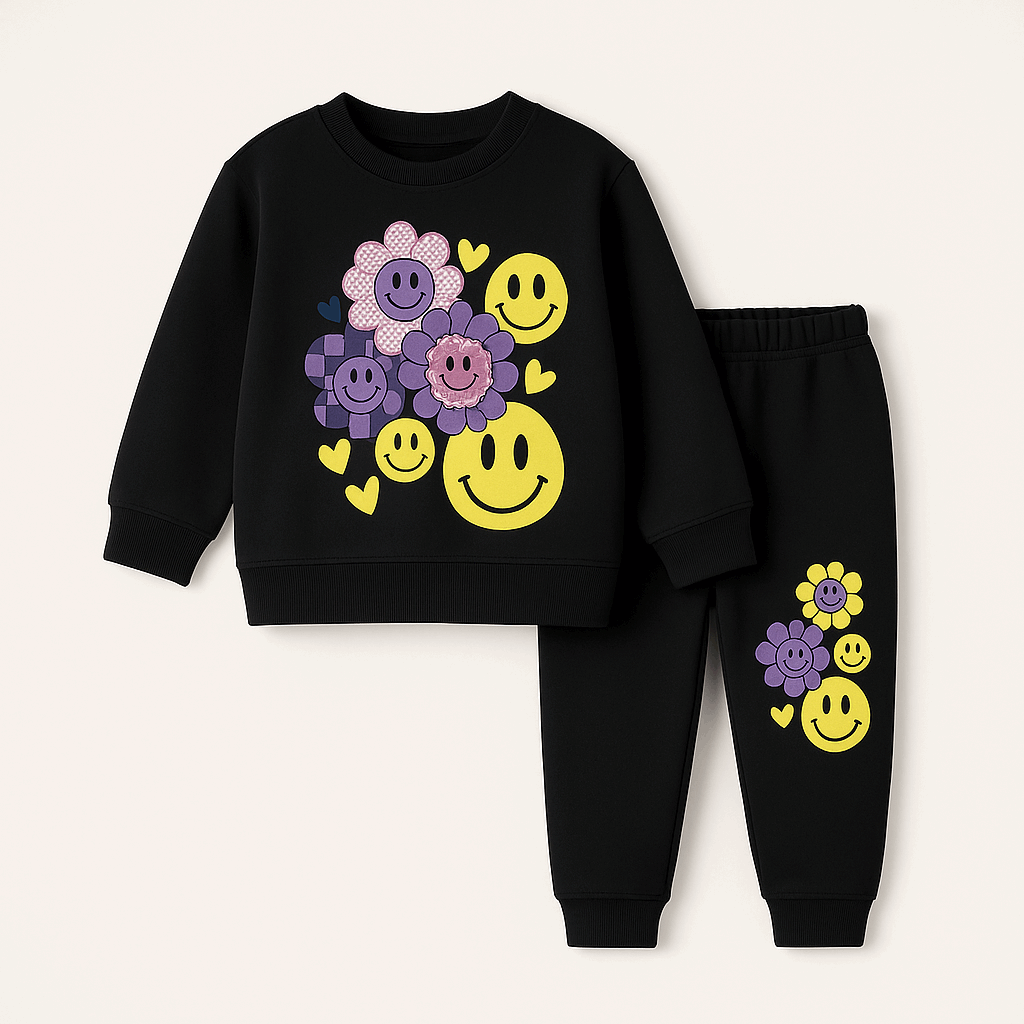Girls black tracksuit for ages 1–12 years with yellow smiley face and purple flower prints – sweatshirt and jogger set for kids


