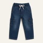 Kids Denim Cargo Pants Set – Dark Blue, Blue & Medium Blue with Elastic Waist(1-12)