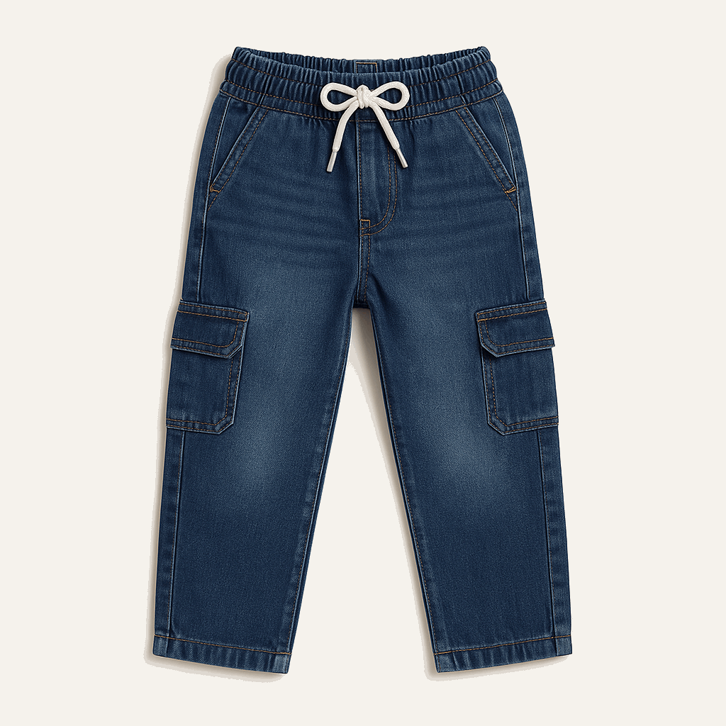 Kids Denim Cargo Pants Set – Dark Blue, Blue & Medium Blue with Elastic Waist(1-12)