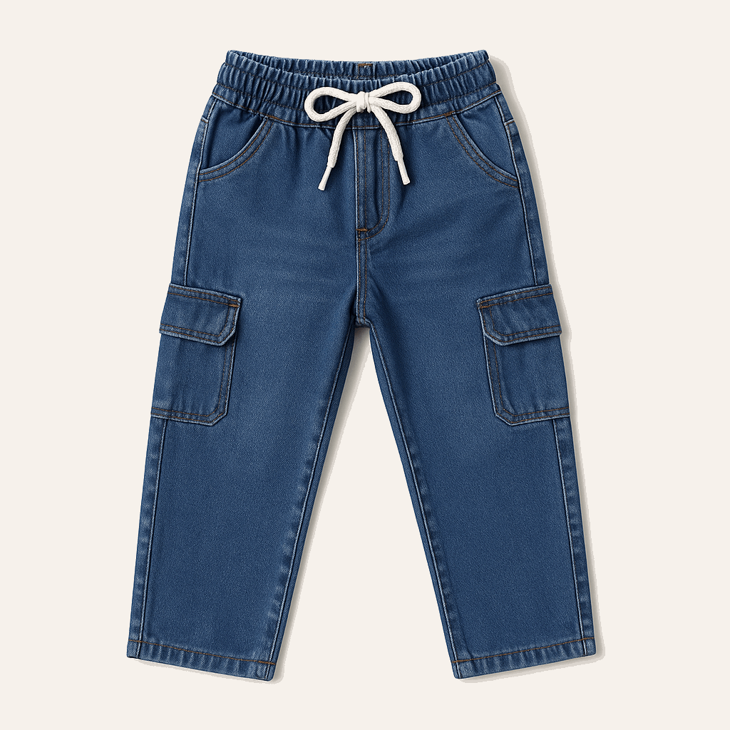 Kids Denim Cargo Pants Set – Dark Blue, Blue & Medium Blue with Elastic Waist(1-12)