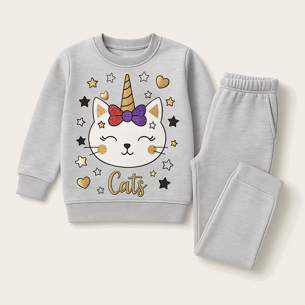Girls Grey Cat Unicorn Sweatshirt & Jogger Set – Soft & Cozy (Ages 1-12)