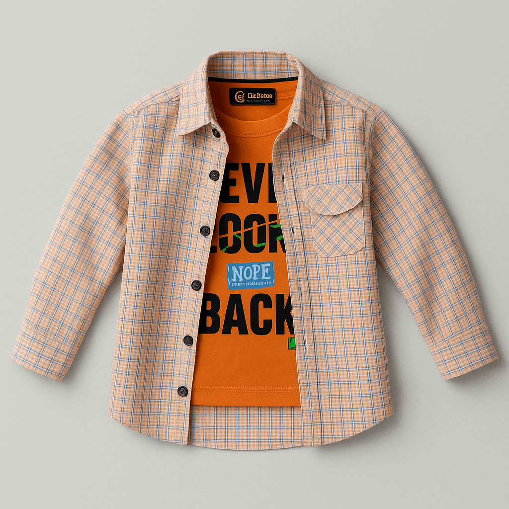 Kids Plaid Overshirt + Graphic Tee Set — Peach Check/Orange (1-10 year)