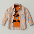 Kids Plaid Overshirt + Graphic Tee Set — Peach Check/Orange (1-10 year)