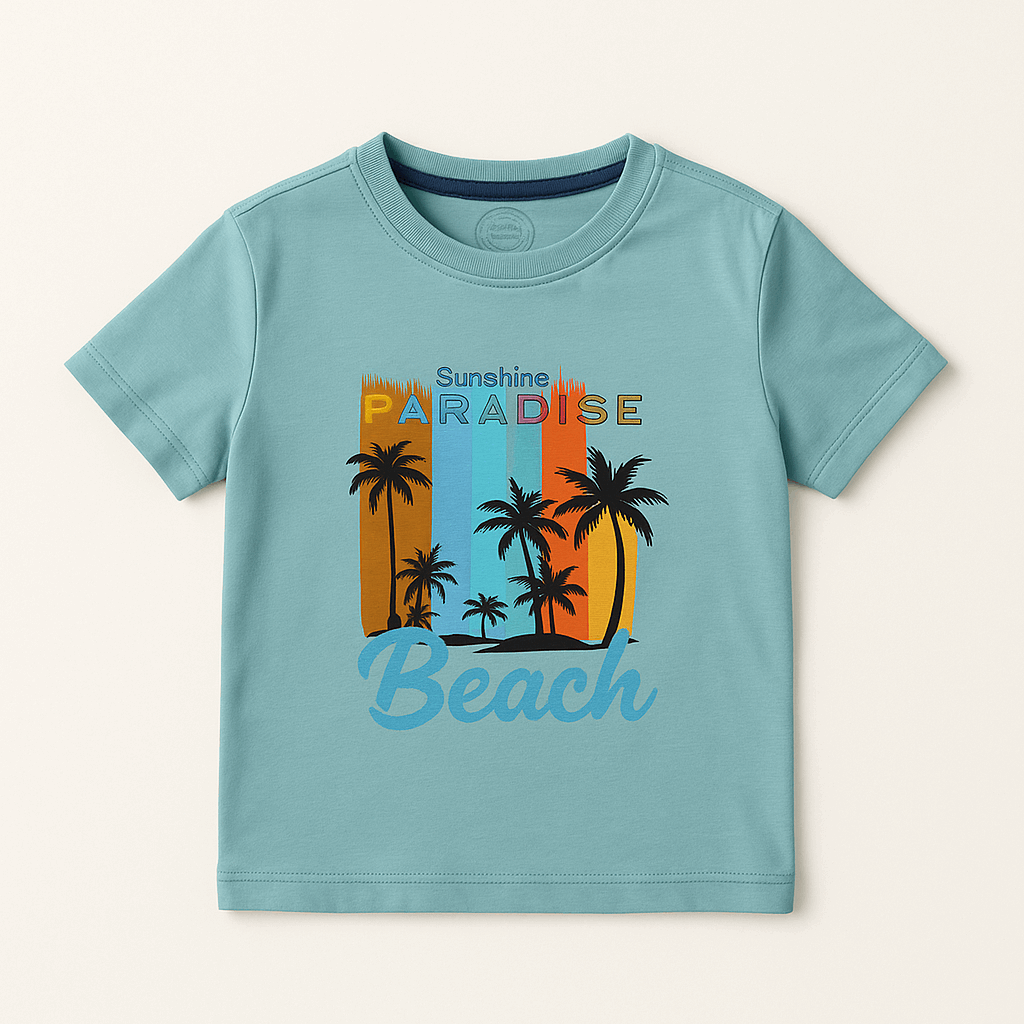 Kids “Summer Paradise Beach” Graphic T‑Shirt – Aqua (1-6 Y)
