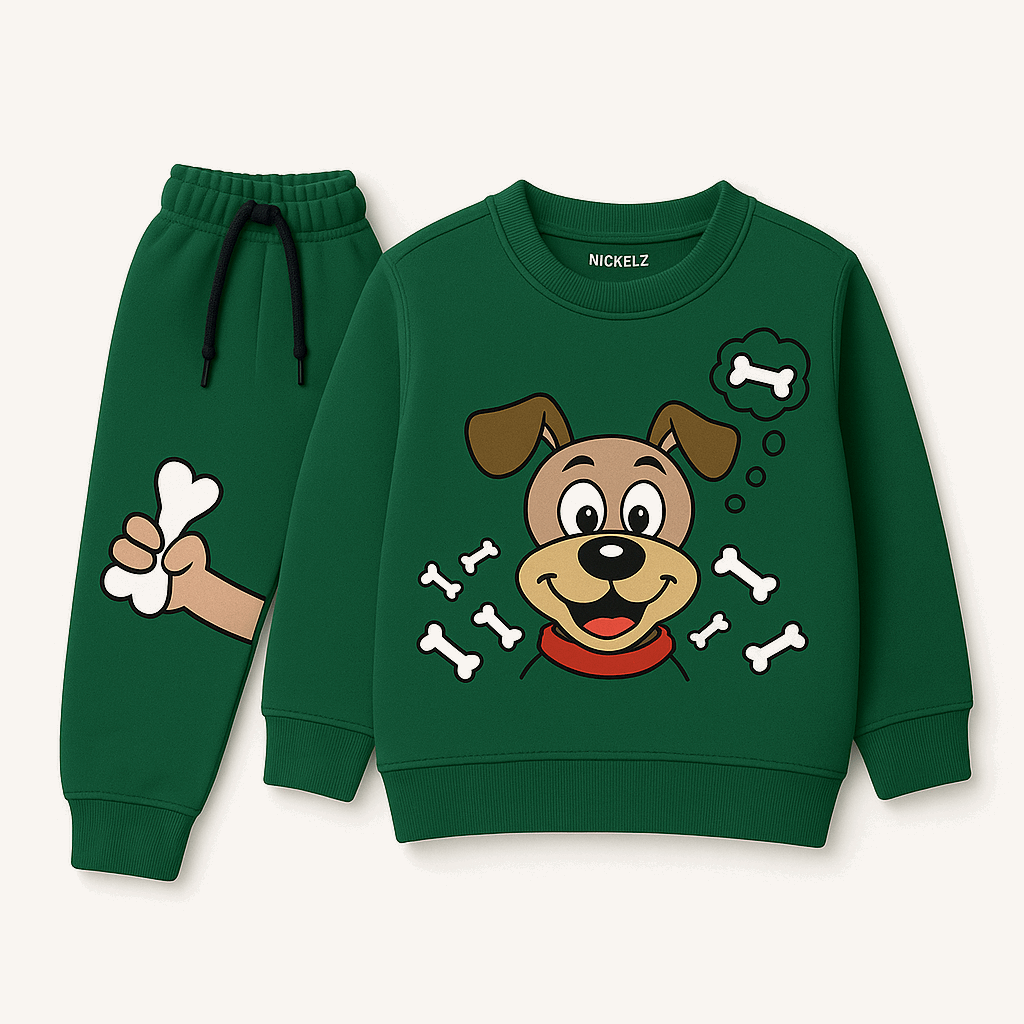Kids Puppy Graphic Sweatshirt & Jogger Set – Green (1-12 Year)