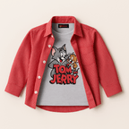 Tom & Jerry Boys Outfit – Cartoon T-Shirt with Red Striped Shirt (1–12 Years)