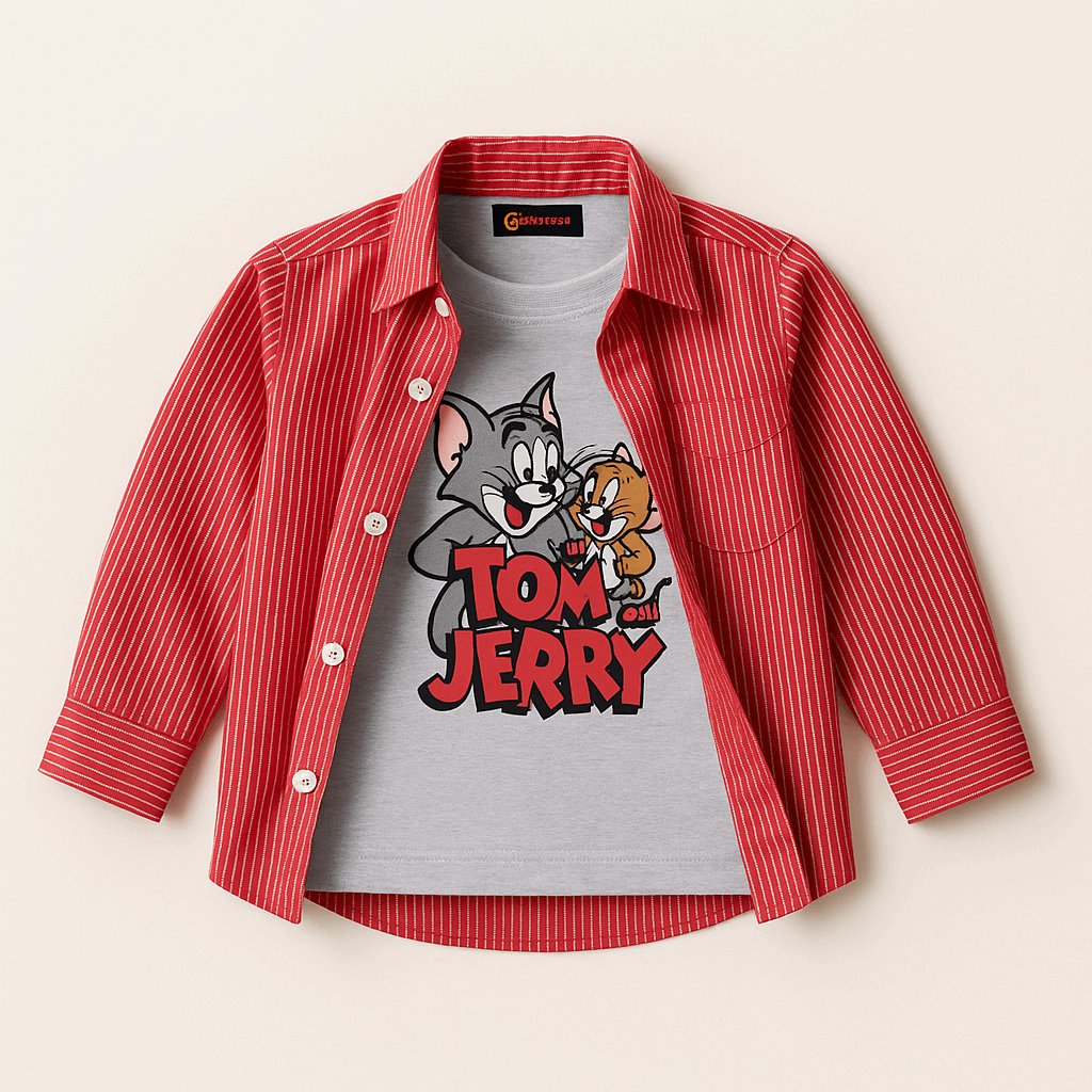 Tom & Jerry Boys Outfit – Cartoon T-Shirt with Red Striped Shirt (1–12 Years)