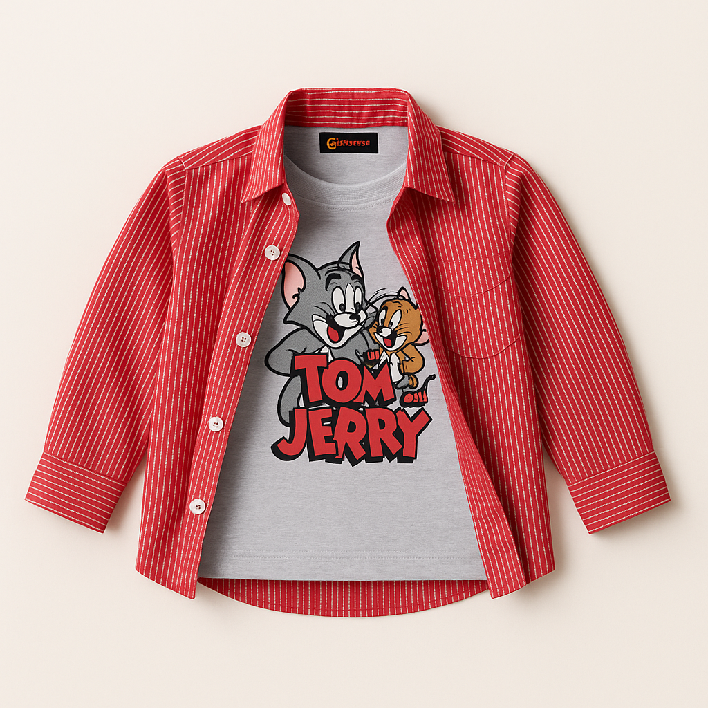 Tom & Jerry Boys Outfit – Cartoon T-Shirt with Red Striped Shirt (1–12 Years)