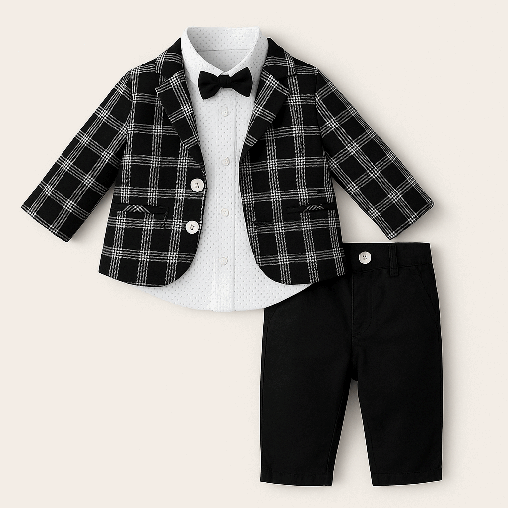 Boys Black Plaid 3-Piece Imported Suit with Bow Tie – 1 to 5 Years