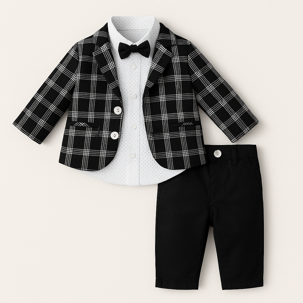 Boys Black Plaid 3-Piece Imported Suit with Bow Tie – 1 to 5 Years