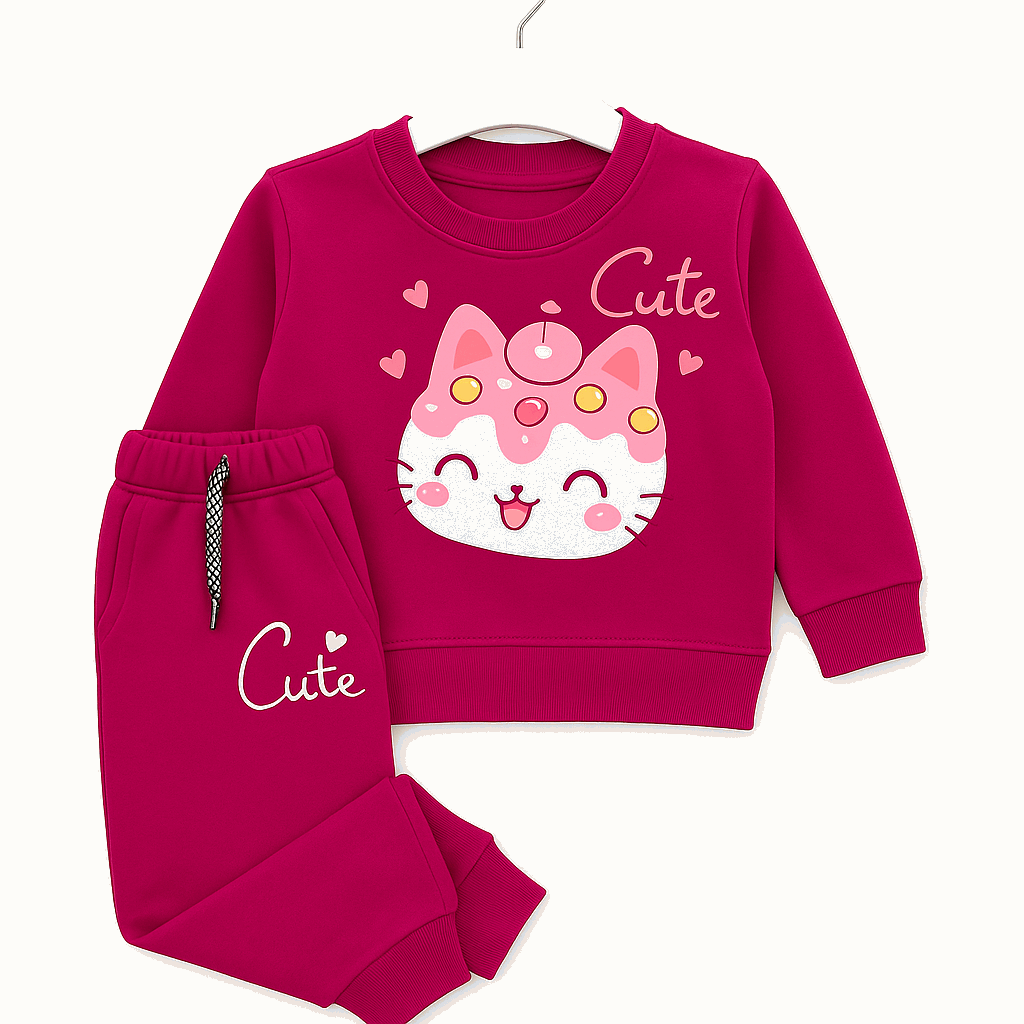 Kids Cute Cat Fleece Sweatshirt & Jogger Set – Magenta Pink (1-8 Year)