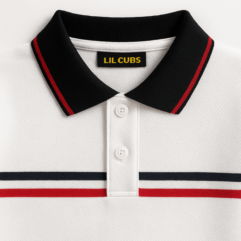 Kids Long Sleeve Polo Shirt – White with Navy/Red Stripe (2–6 Years) | Imported