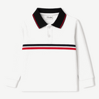Kids Long Sleeve Polo Shirt – White with Navy/Red Stripe (2–6 Years) | Imported
