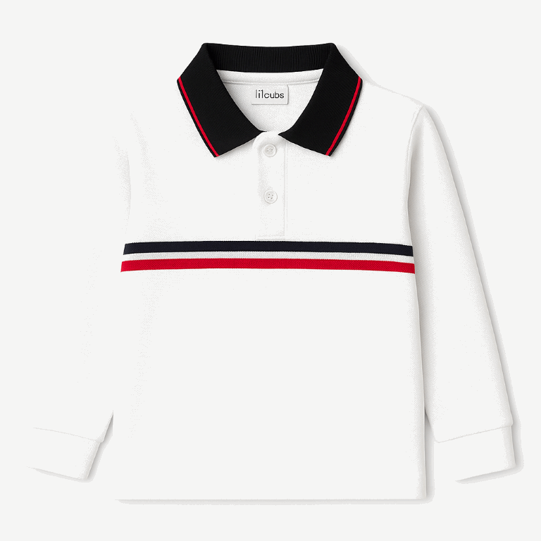 Kids Long Sleeve Polo Shirt – White with Navy/Red Stripe (2–6 Years) | Imported